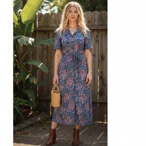 Vintage Ina Carol Floral Button‑Front Dress w/ Belt Size 18